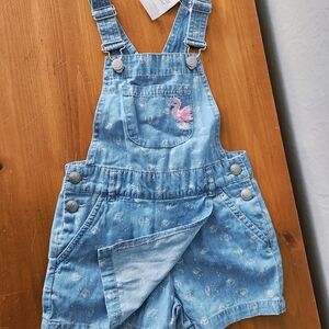 NWT 4T Denim Skort Overalls with Embroidered Flamingo